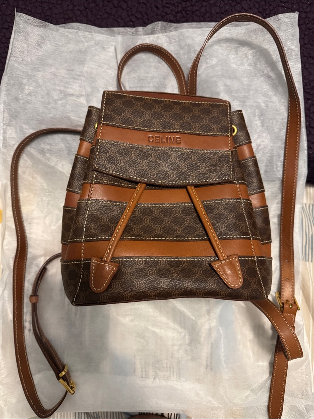 Celine Brown & Tan Striped Mini Backpack